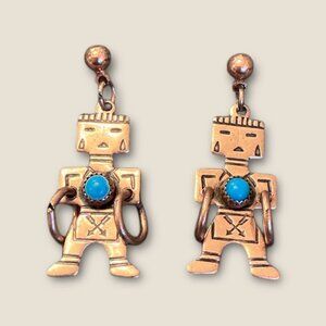 Vintage Copper & Turquoise Kachina Hoop Dancer Earrings 1 Inch Stud Pierced Trib